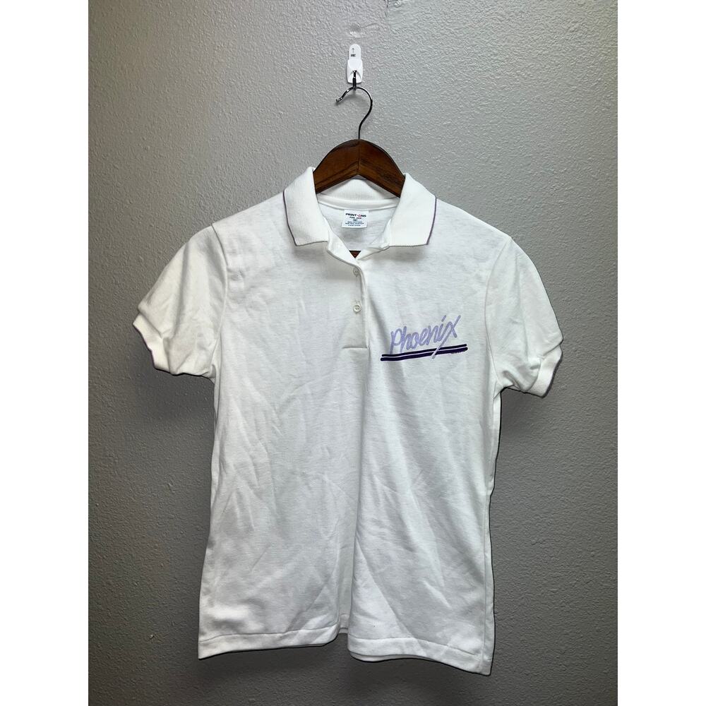 Vintage Womens Phoenix Polo Shirt White Purple Women 80s VTG 1980s Medium